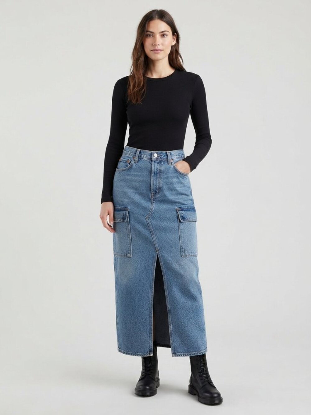 Levi's Premium Cargo Maxi Denim Skirt 25 Medium Wash NWT